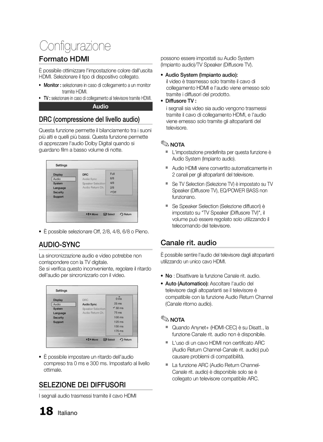 Samsung MM-E430D/EN manual Formato Hdmi, DRC compressione del livello audio, Canale rit. audio, Audio 