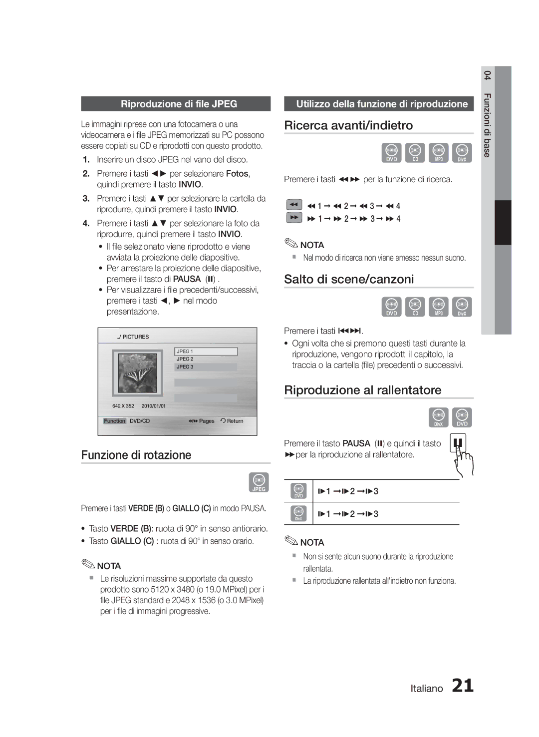 Samsung MM-E430D/EN Funzione di rotazione, Ricerca avanti/indietro, Salto di scene/canzoni, Riproduzione al rallentatore 