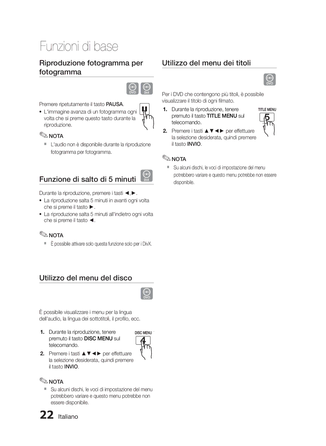 Samsung MM-E430D/EN Riproduzione fotogramma per fotogramma, Funzione di salto di 5 minuti D, Utilizzo del menu dei titoli 