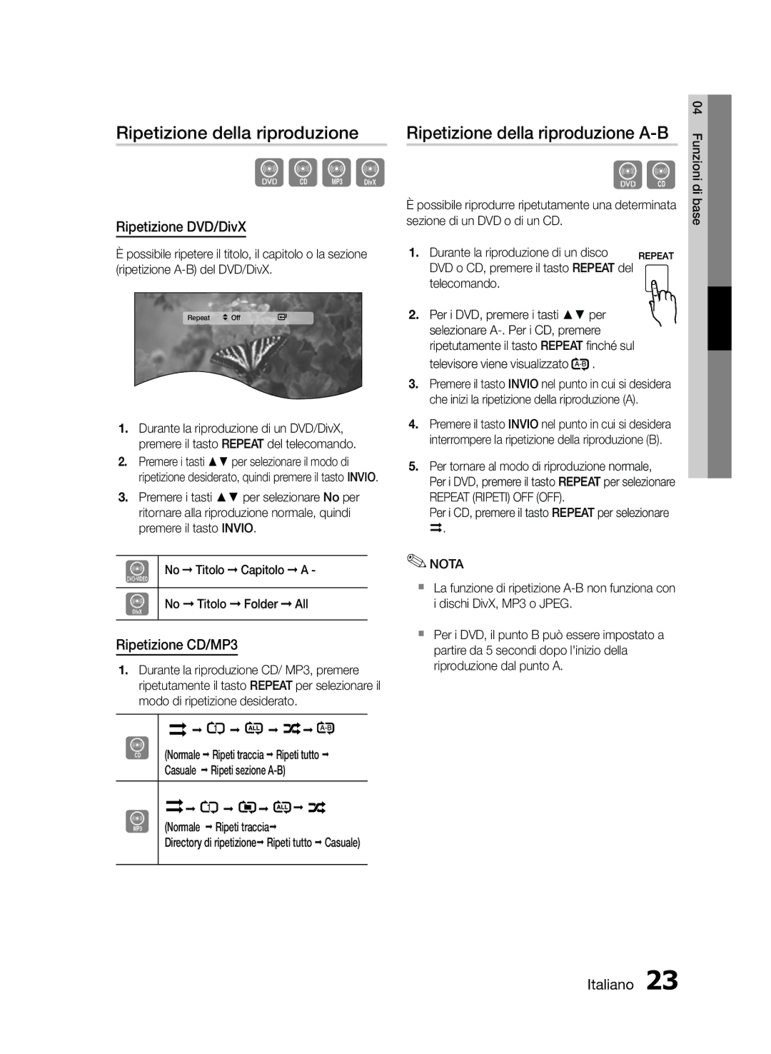 Samsung MM-E430D/EN manual Ripetizione della riproduzione A-B, Ripetizione DVD/DivX, Ripetizione CD/MP3 