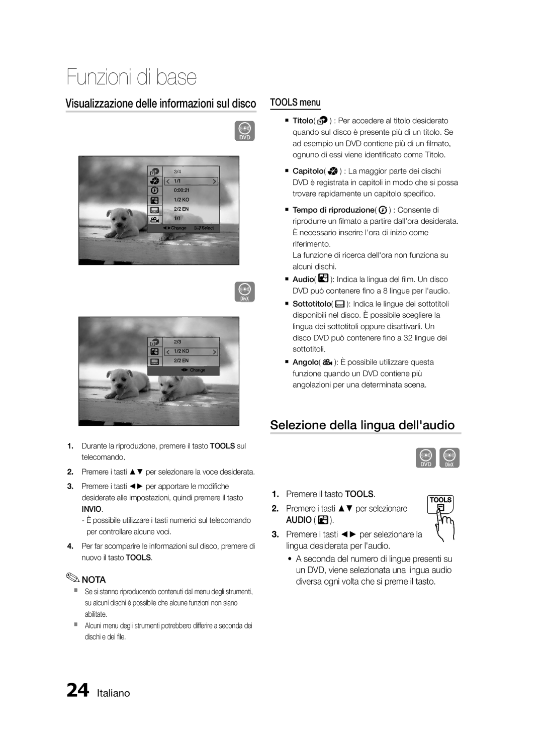 Samsung MM-E430D/EN Selezione della lingua dellaudio, Visualizzazione delle informazioni sul disco, Tools menu, Invio 