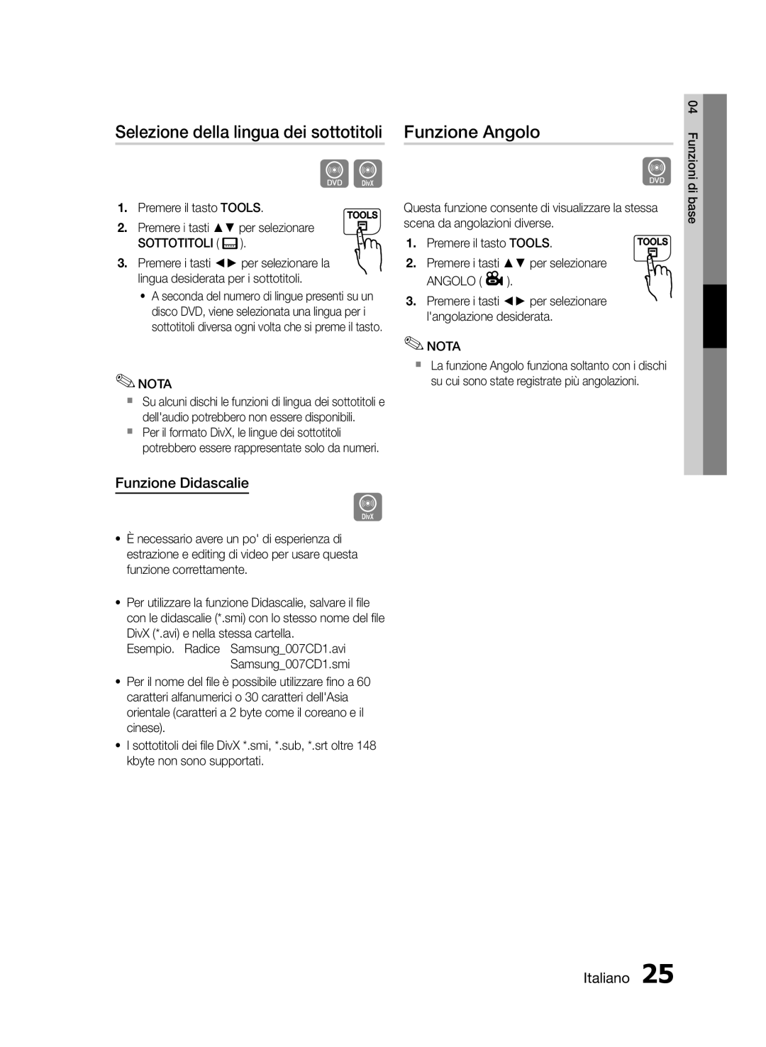 Samsung MM-E430D/EN Selezione della lingua dei sottotitoli, Funzione Angolo, Funzione Didascalie, Premere il tasto Tools 