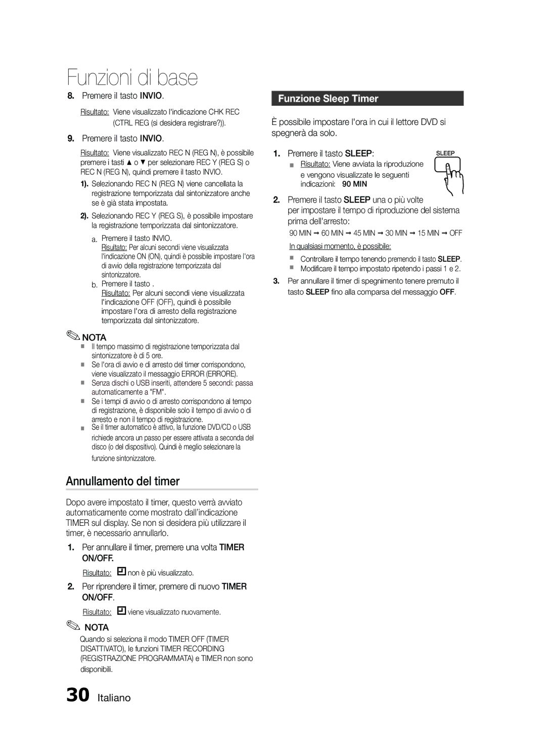 Samsung MM-E430D/EN manual Funzione Sleep Timer, Per annullare il timer, premere una volta Timer ON/OFF 