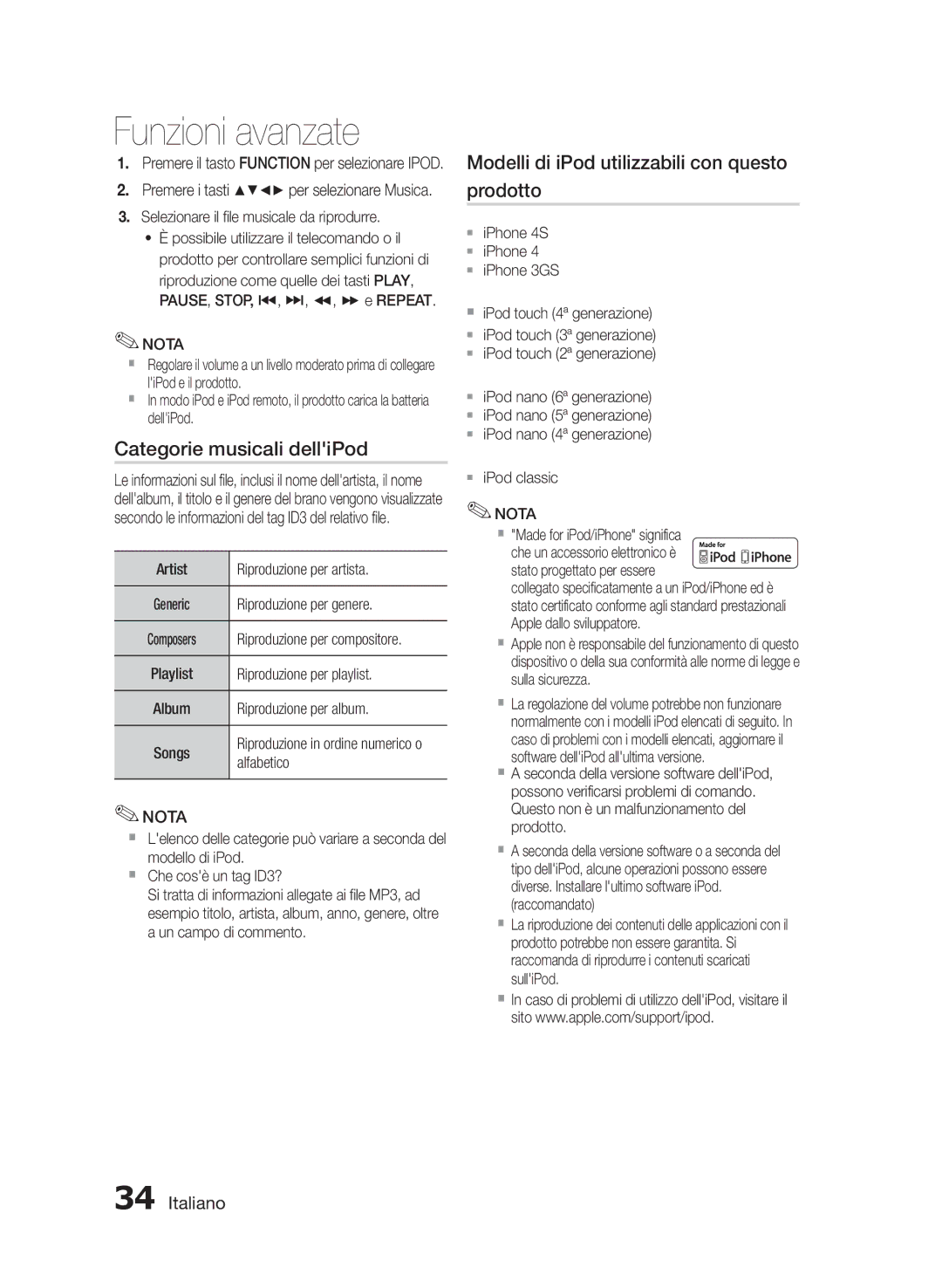 Samsung MM-E430D/EN manual Artist Riproduzione per artista, Riproduzione per genere, Riproduzione per playlist, Alfabetico 