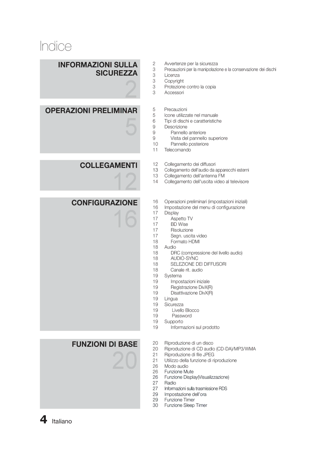 Samsung MM-E430D/EN manual Indice, BD Wise, AUDIO-SYNC Selezione DEI Diffusori 