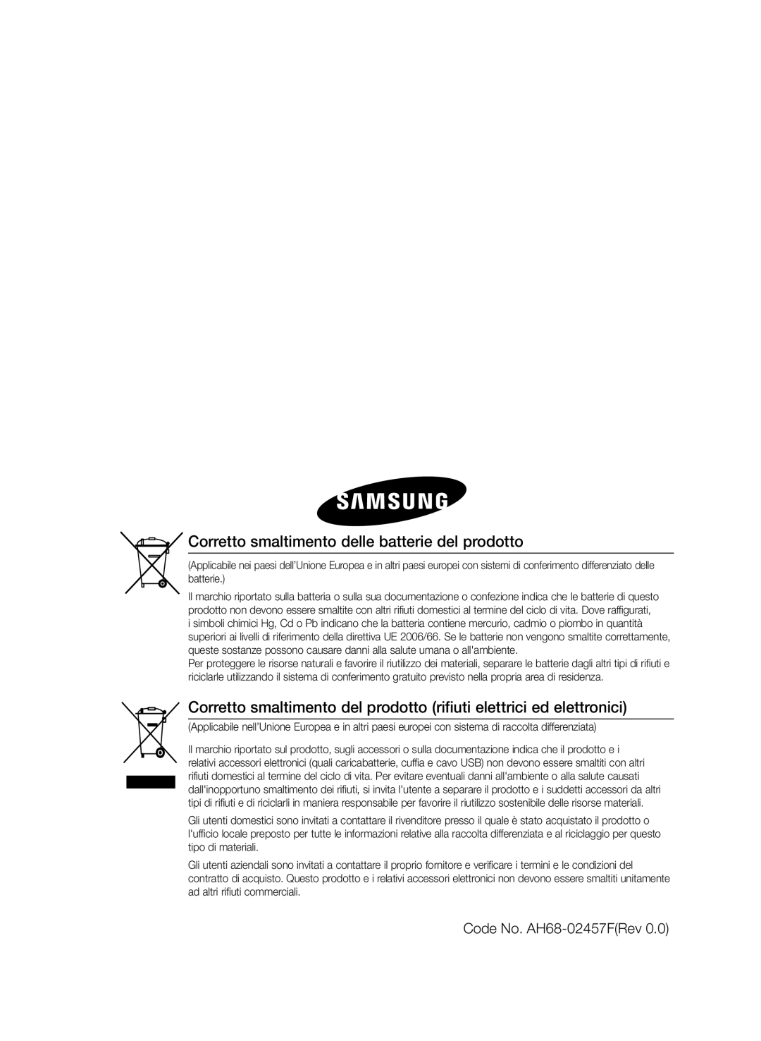 Samsung MM-E430D/EN manual Corretto smaltimento delle batterie del prodotto, Code No. AH68-02457FRev 