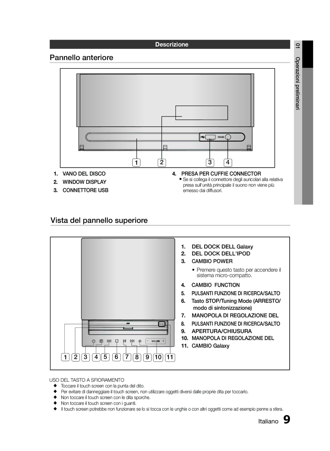 Samsung MM-E430D/EN manual Pannello anteriore, Vista del pannello superiore, Descrizione, 3 4 5 6 7 8 9 10 