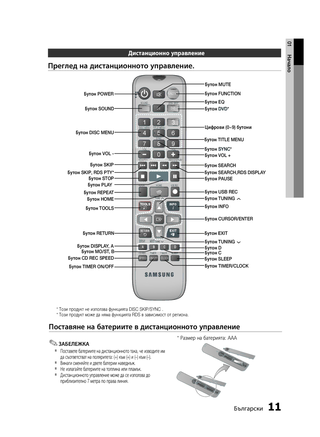 Samsung MM-E430D/EN Преглед на дистанционното управление, Поставяне на батериите в дистанционното управление, 01 Начало 