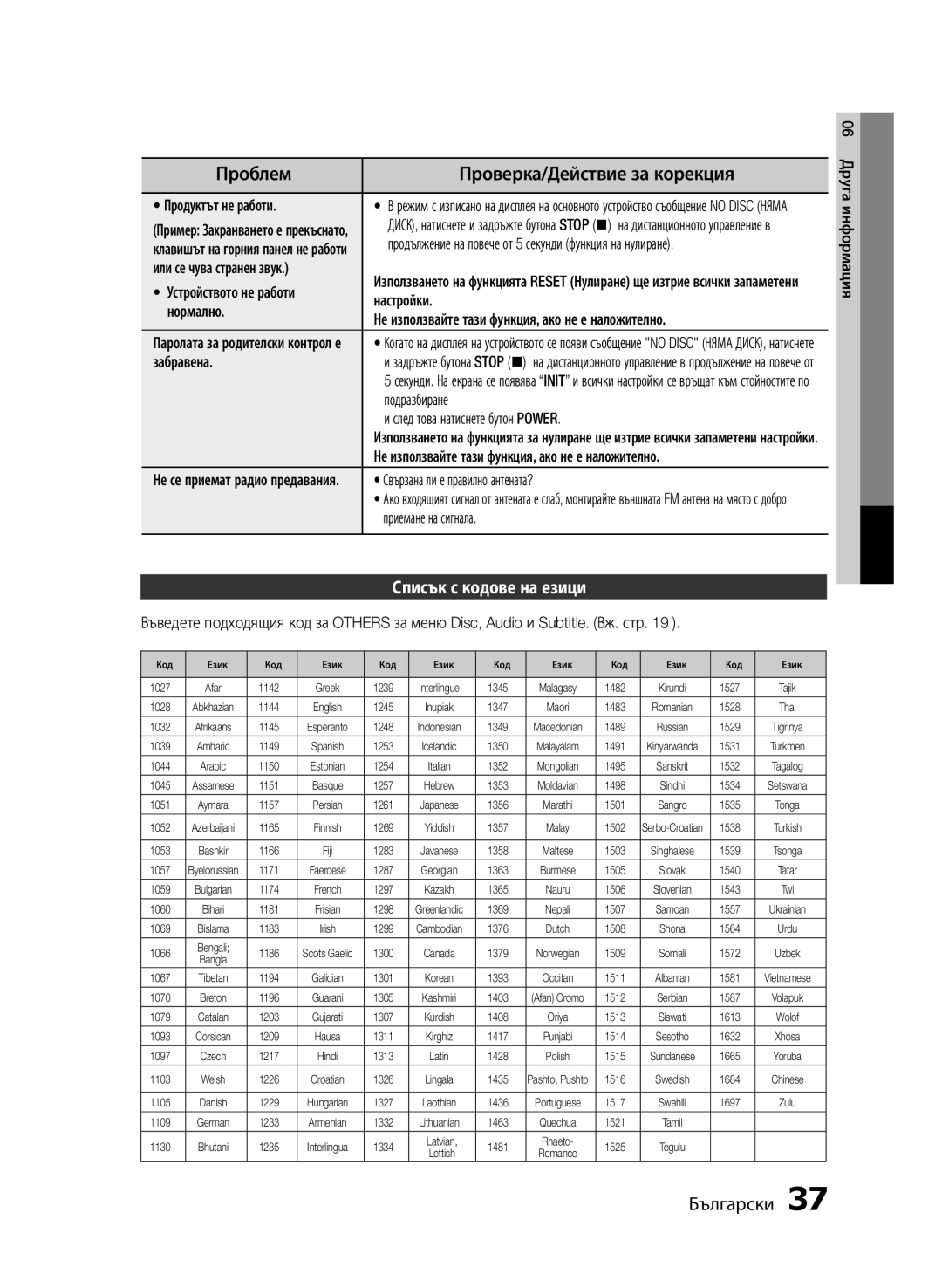 Samsung MM-E430D/EN manual Списък с кодове на езици 