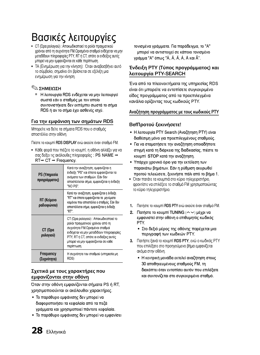 Samsung MM-E430D/EN Για την εμφάνιση των σημάτων RDS, Σχετικά με τους χαρακτήρες που εμφανίζονται στην οθόνη, 28 Ελληνικά 