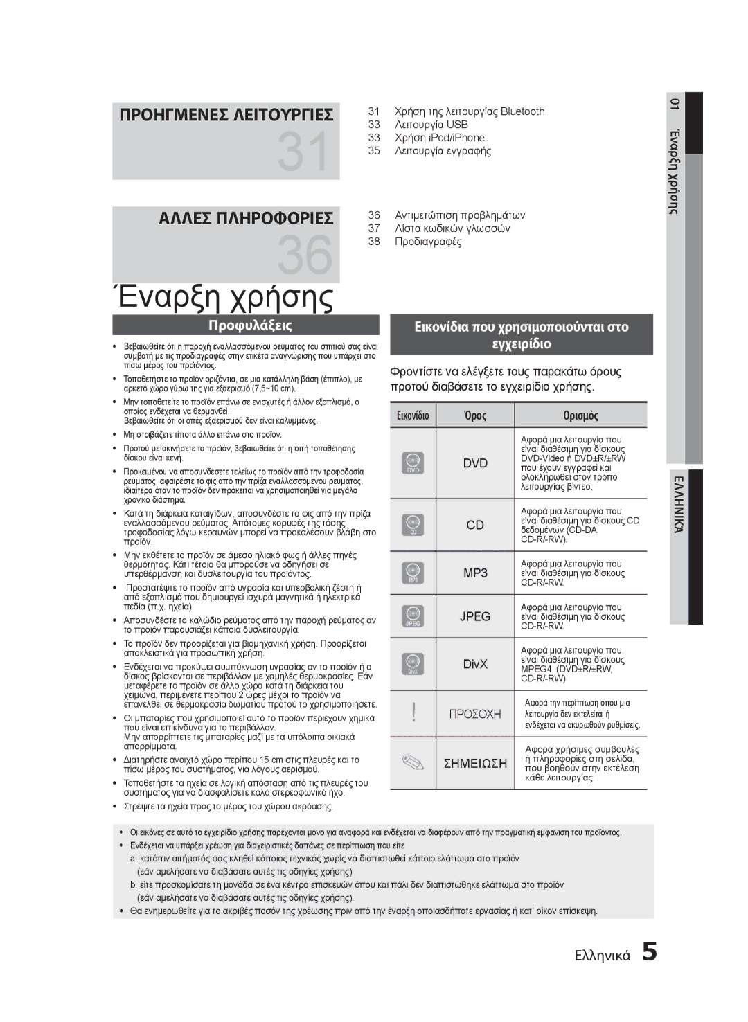 Samsung MM-E430D/EN manual Έναρξη χρήσης, Προφυλάξεις, Εικονίδια που χρησιμοποιούνται στο Εγχειρίδιο, MP3, Jpeg 