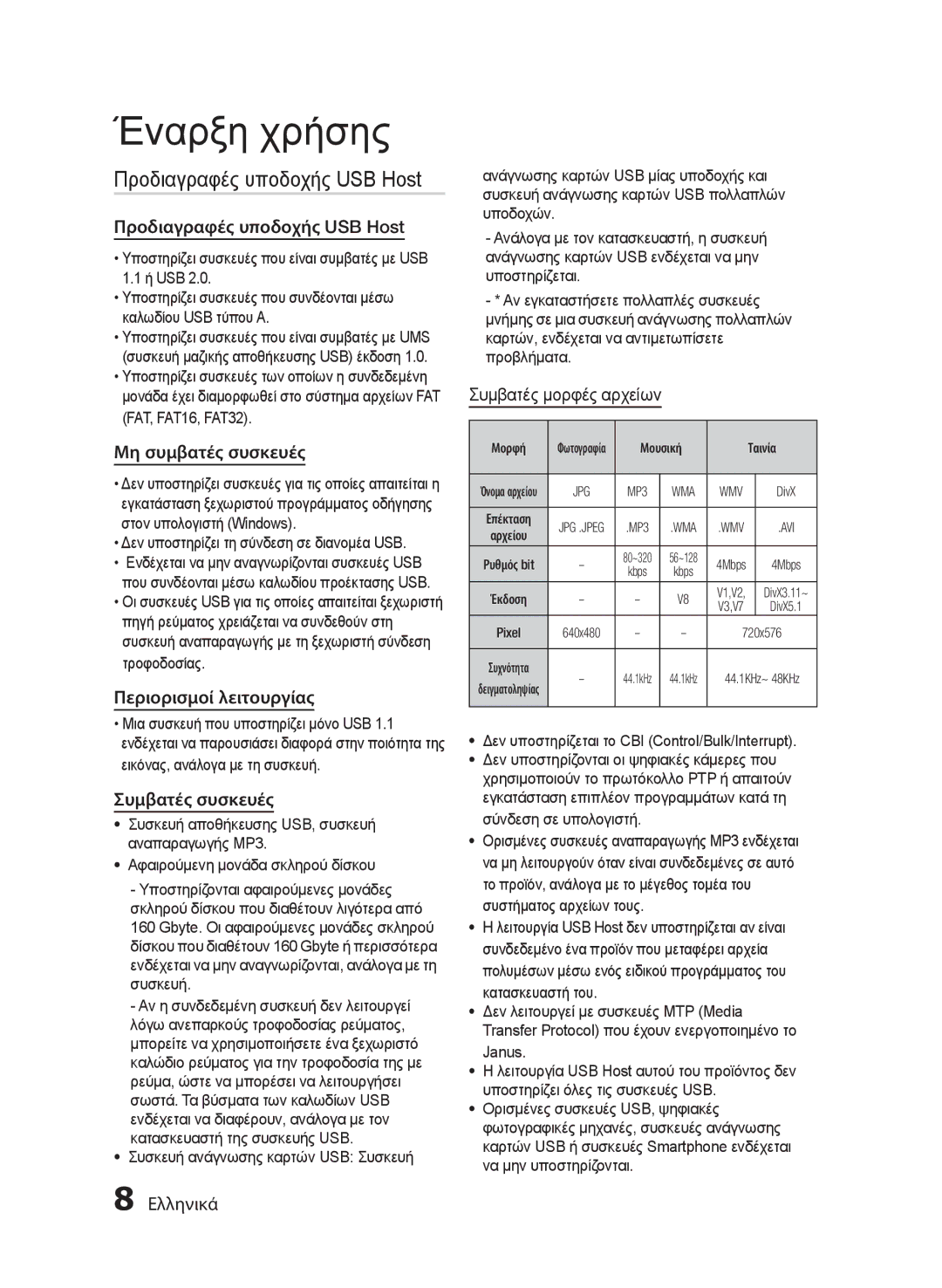 Samsung MM-E430D/EN manual Προδιαγραφές υποδοχής USB Host 