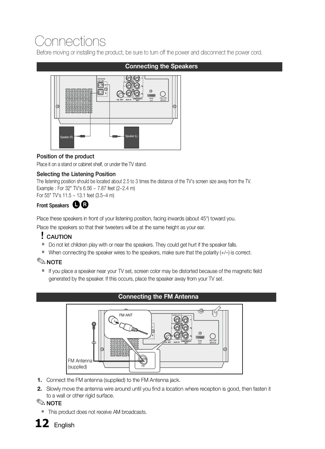 Samsung MM-E430D/SQ manual Connections, Connecting the Speakers, Connecting the FM Antenna 