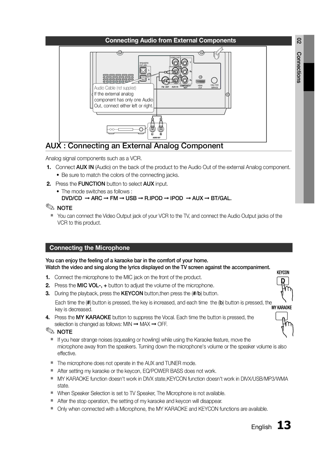 Samsung MM-E430D/SQ manual AUX Connecting an External Analog Component, Connecting Audio from External Components 