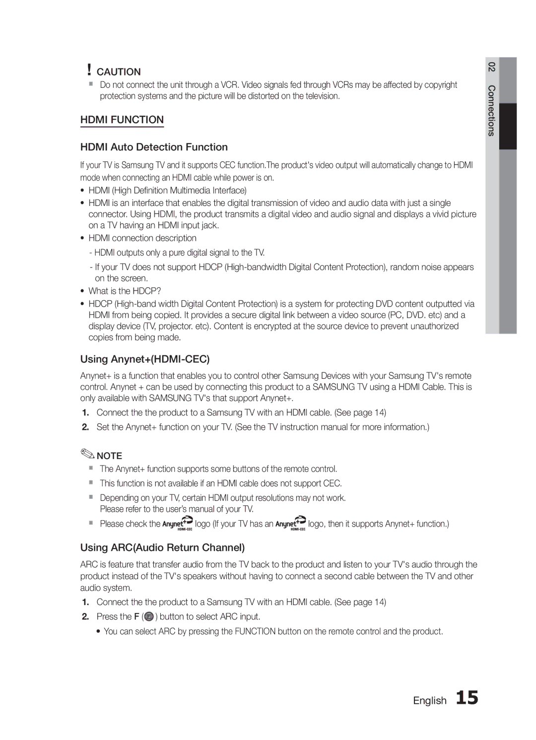 Samsung MM-E430D/SQ manual Hdmi Auto Detection Function, Using Anynet+HDMI-CEC, Using ARCAudio Return Channel 