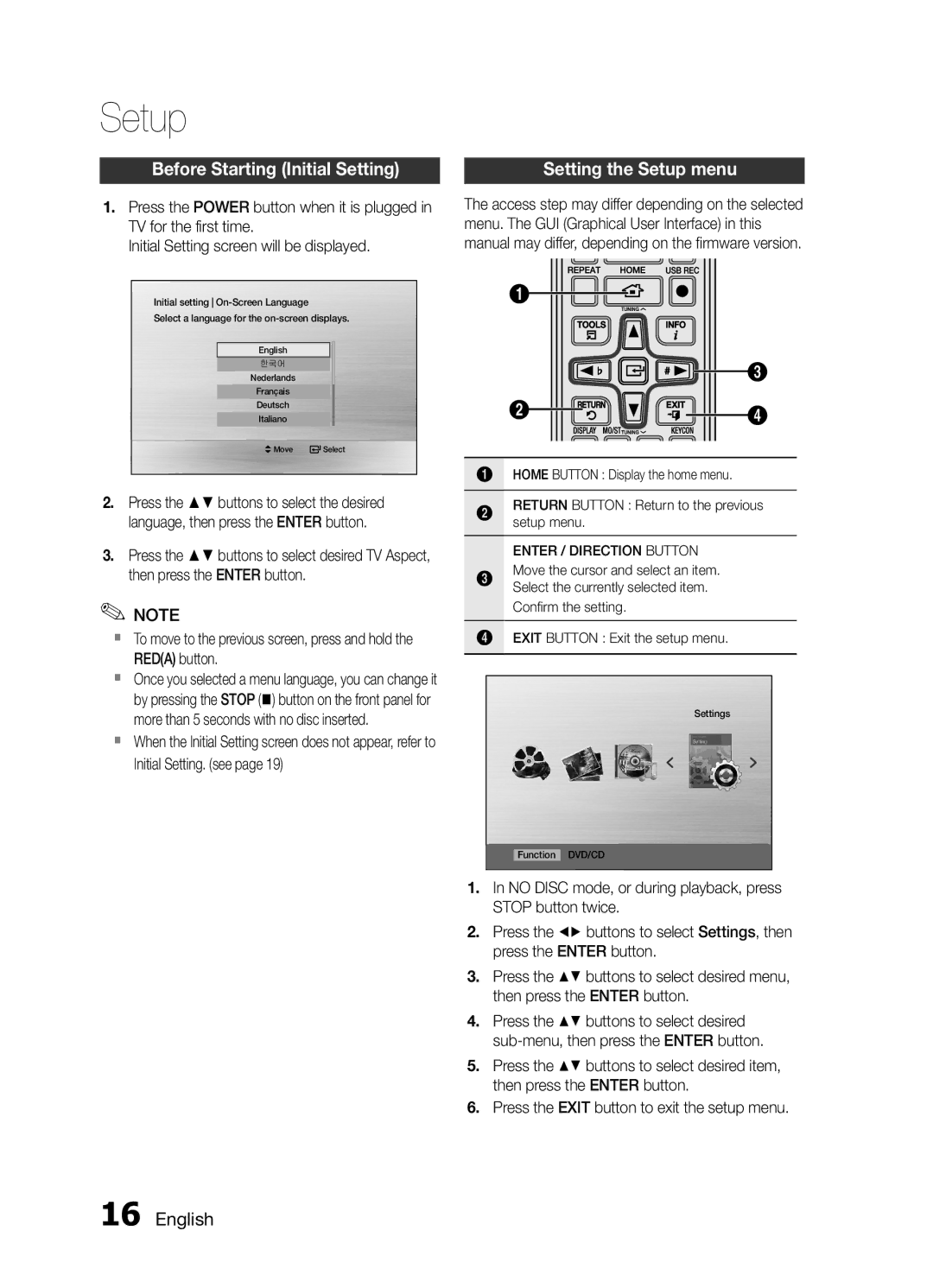 Samsung MM-E430D/SQ Setup, Before Starting Initial Setting, Enter / Direction Button, Exit Button Exit the setup menu 