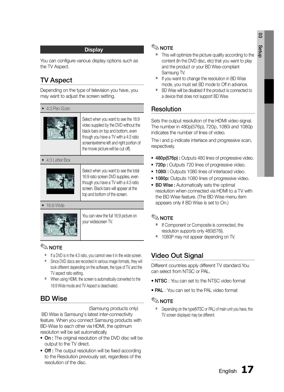 Samsung MM-E430D/SQ manual TV Aspect, BD Wise, Resolution, Video Out Signal, Display 