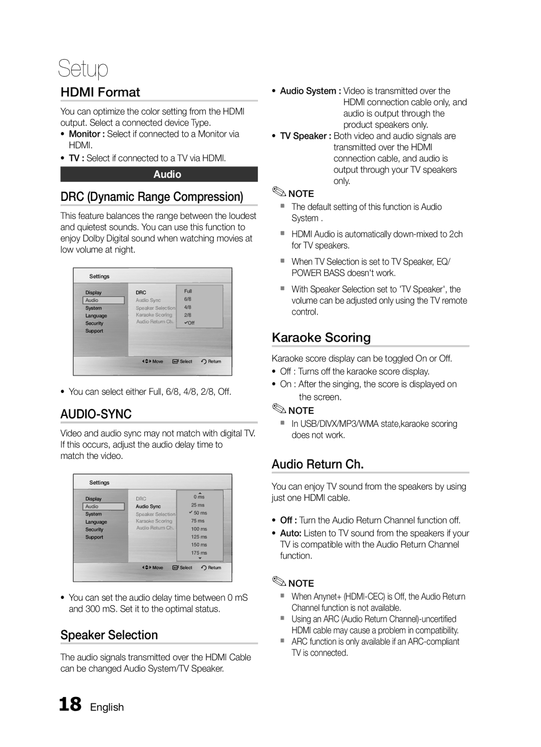 Samsung MM-E430D/SQ manual Hdmi Format, Speaker Selection, Karaoke Scoring, Audio Return Ch 