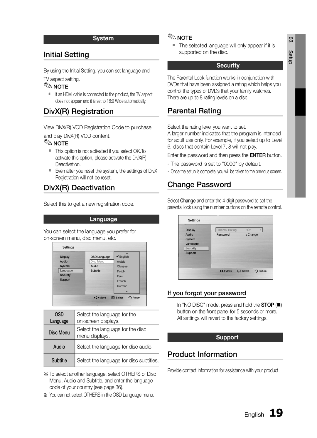 Samsung MM-E430D/SQ manual Initial Setting, DivXR Registration, Parental Rating, DivXR Deactivation, Change Password 