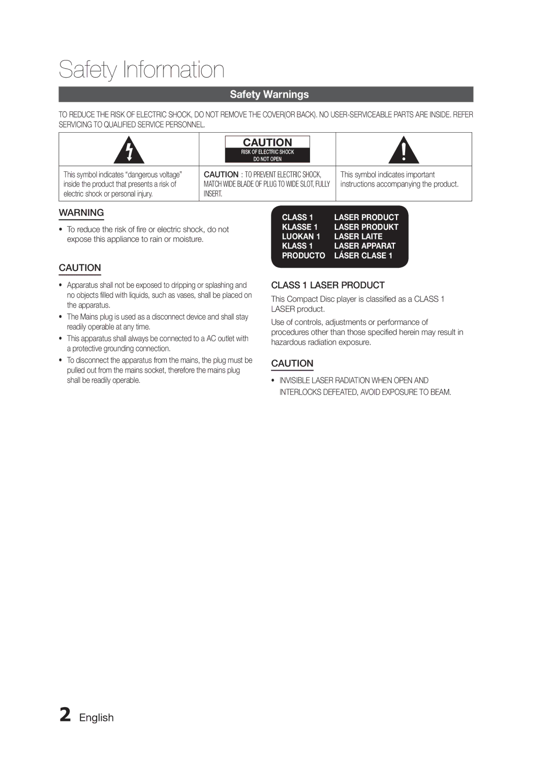 Samsung MM-E430D/SQ manual Safety Information, Safety Warnings, English, Class 1 Laser Product, Insert 