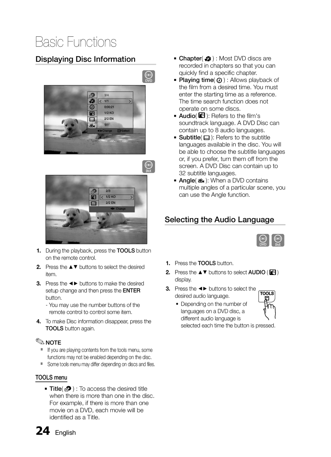 Samsung MM-E430D/SQ manual Displaying Disc Information, Selecting the Audio Language, Tools menu 