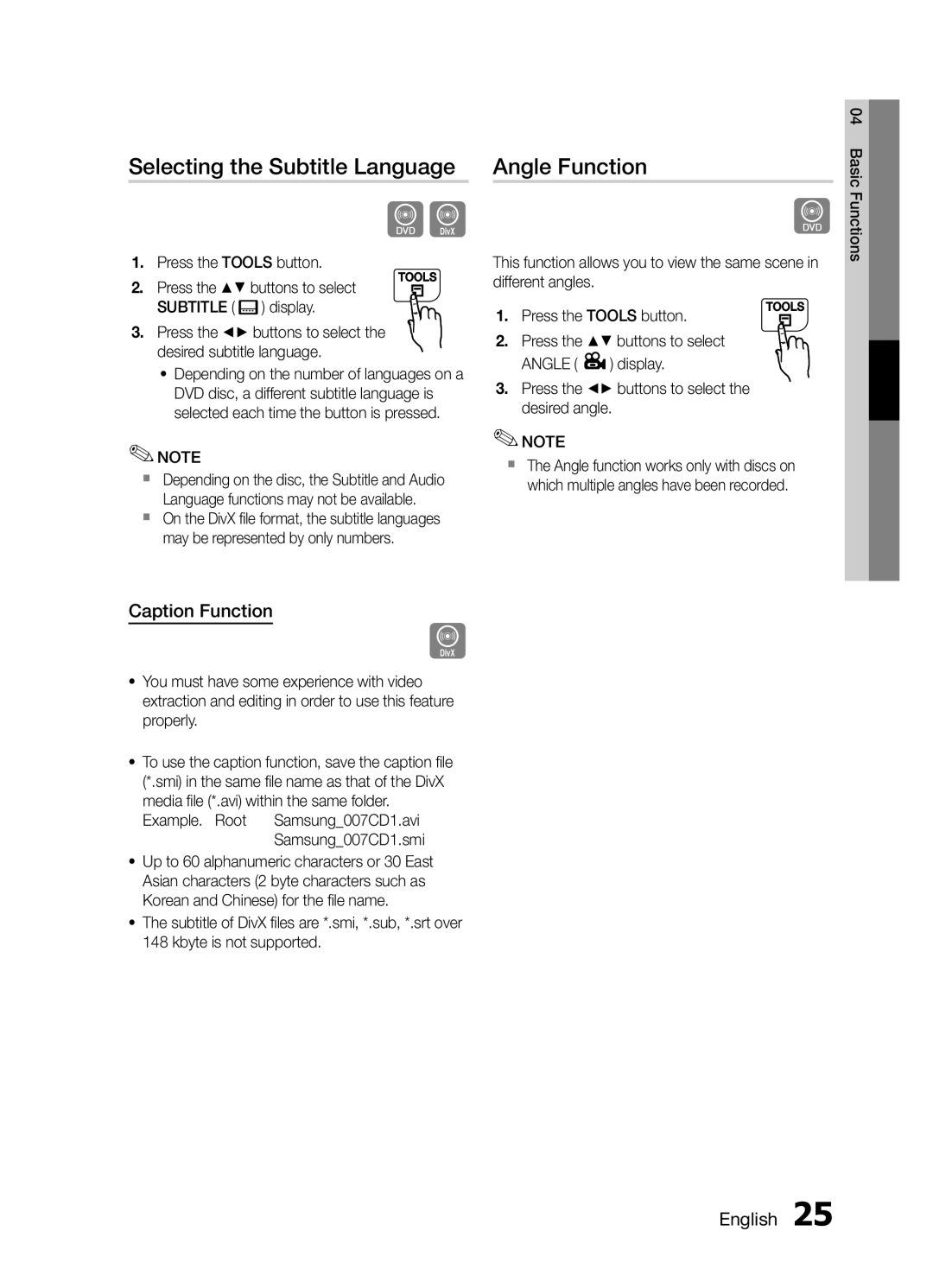 Samsung MM-E430D/SQ manual Selecting the Subtitle Language, Angle Function, Caption Function 