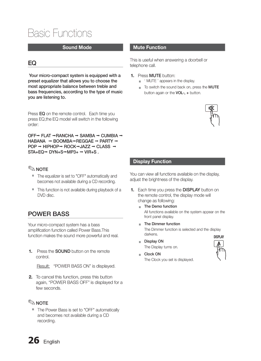 Samsung MM-E430D/SQ manual Sound Mode, Mute Function, Display Function 