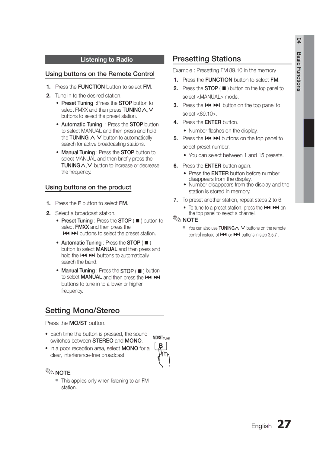 Samsung MM-E430D/SQ Setting Mono/Stereo, Presetting Stations, Listening to Radio, Using buttons on the Remote Control 