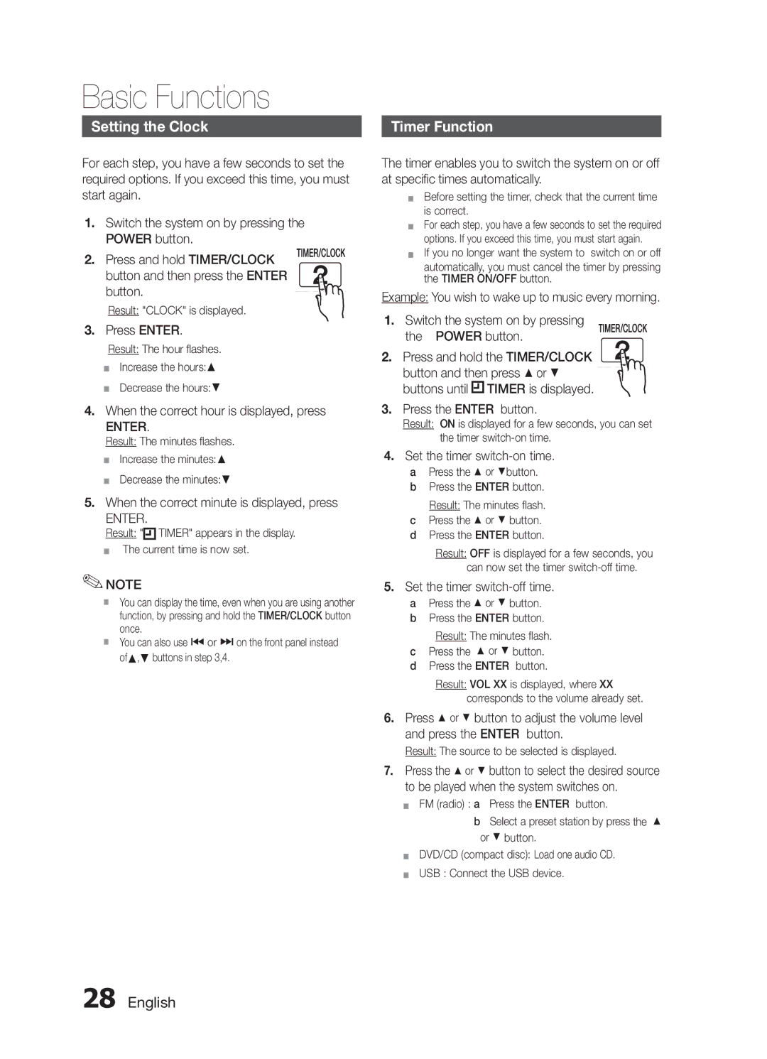 Samsung MM-E430D/SQ manual Setting the Clock, Timer Function, Enter 