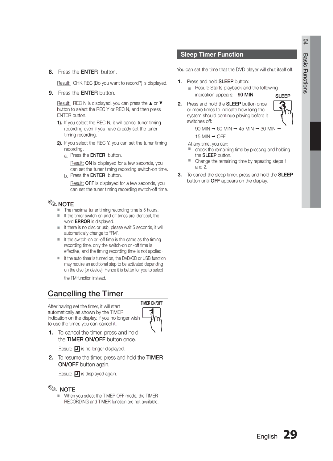 Samsung MM-E430D/SQ manual Cancelling the Timer, Sleep Timer Function, Word Error is displayed, FM function instead 