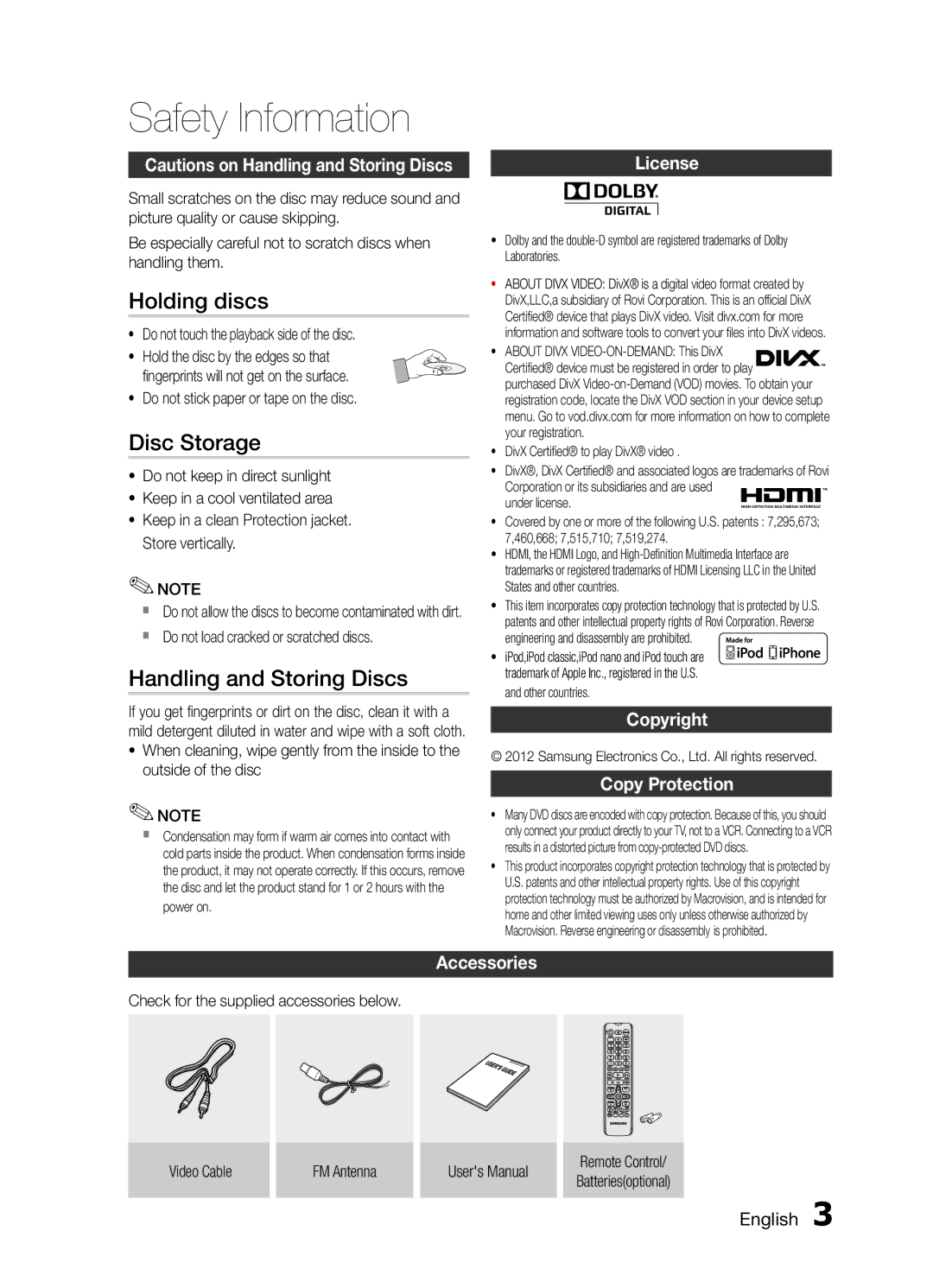 Samsung MM-E430D/SQ manual Holding discs, Disc Storage, Handling and Storing Discs, Copyright Copy Protection, Accessories 