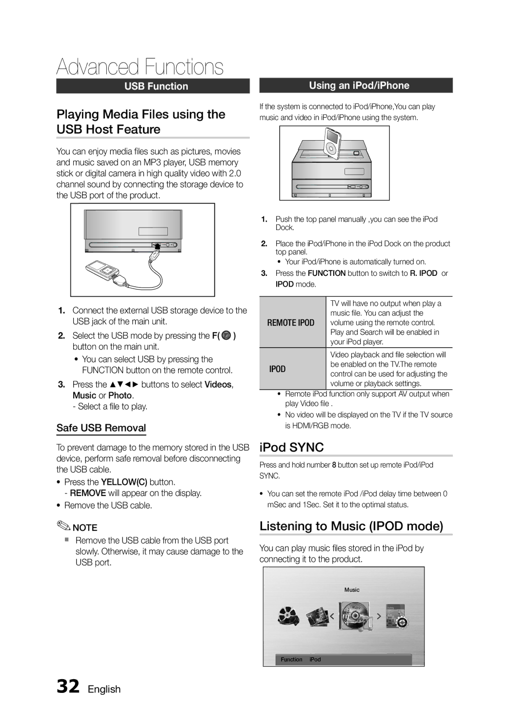 Samsung MM-E430D/SQ Playing Media Files using the USB Host Feature, IPod Sync, Listening to Music Ipod mode, USB Function 