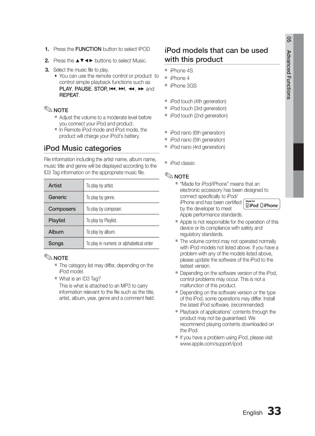 Samsung MM-E430D/SQ manual IPod Music categories, IPod models that can be used with this product, Repeat 