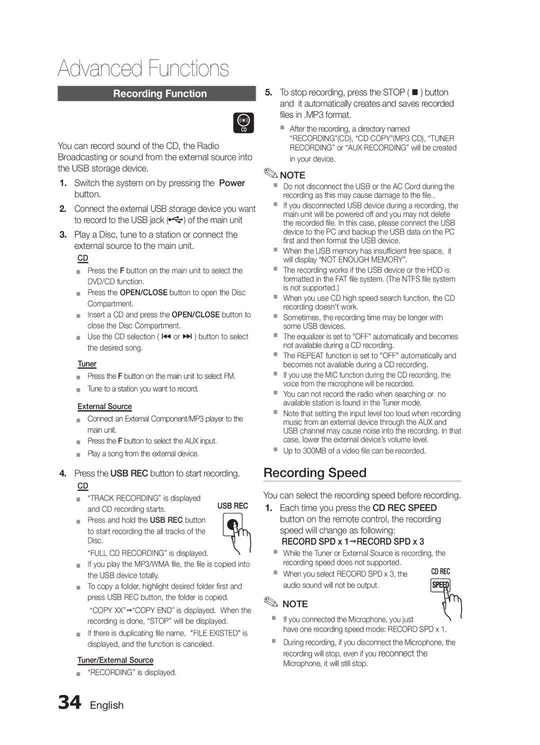 Samsung MM-E430D/SQ manual Recording Speed, Recording Function, Press the USB REC button to start recording 