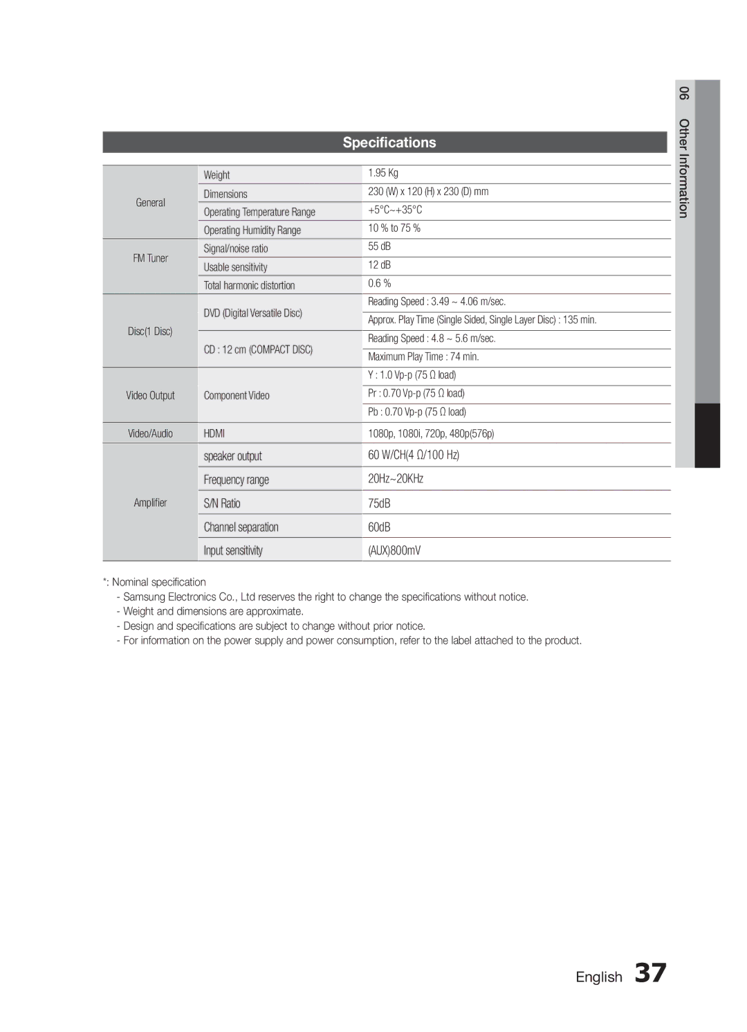 Samsung MM-E430D/SQ manual Specifications, Speaker output 60 W/CH4 Ω/100 Hz Frequency range 20Hz~20KHz, Hdmi 