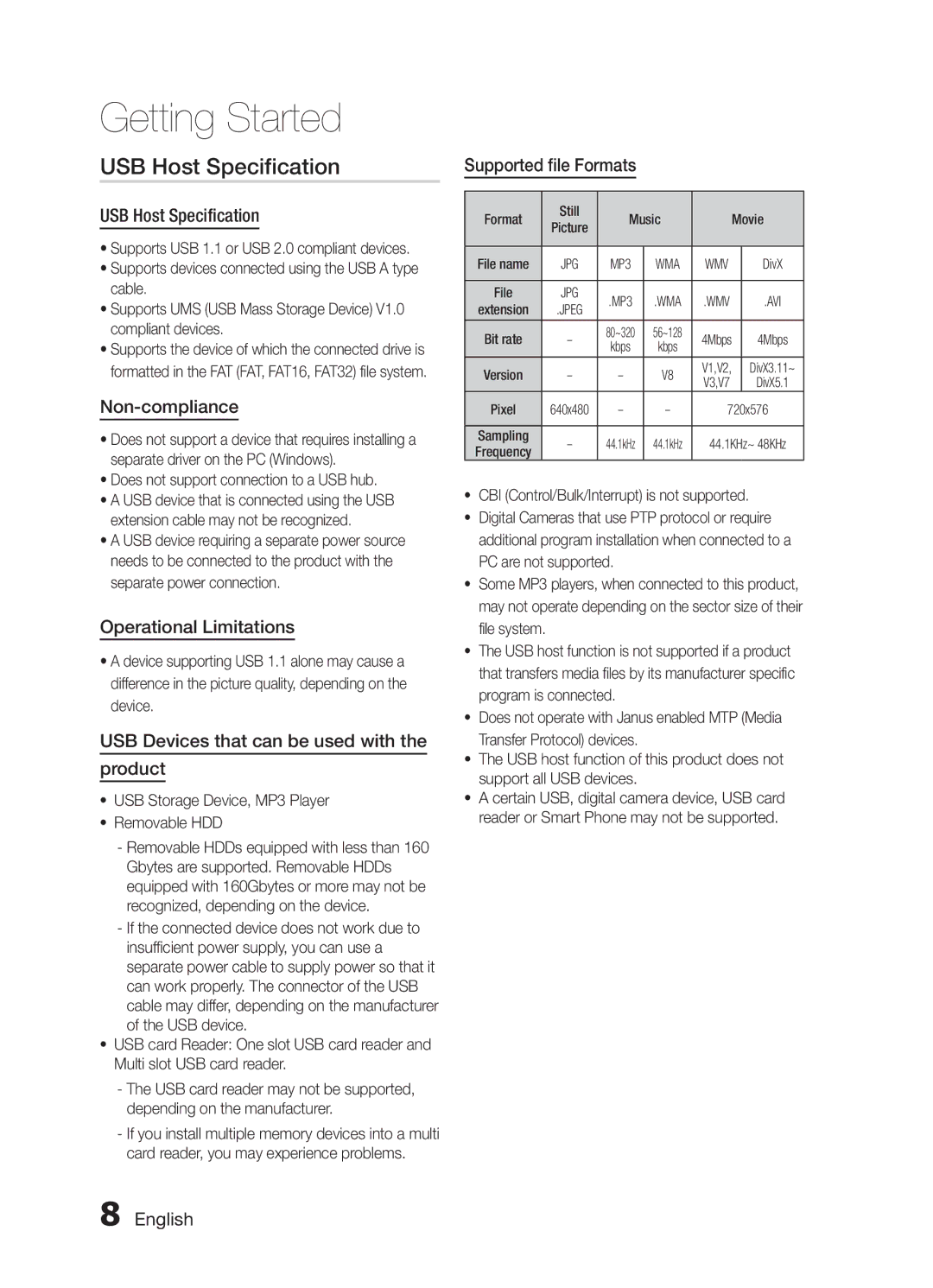 Samsung MM-E430D/SQ manual USB Host Specification 