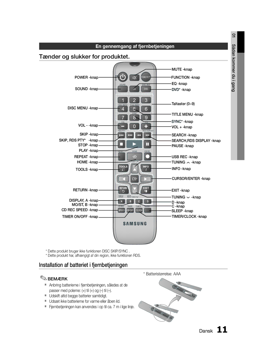 Samsung MM-E430D/XE Tænder og slukker for produktet, Installation af batteriet i fjernbetjeningen, Batteristørrelse AAA 