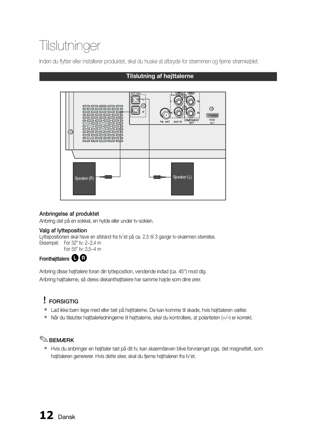 Samsung MM-E430D/XE manual Tilslutninger, Tilslutning af højttalerne, Forsigtig 