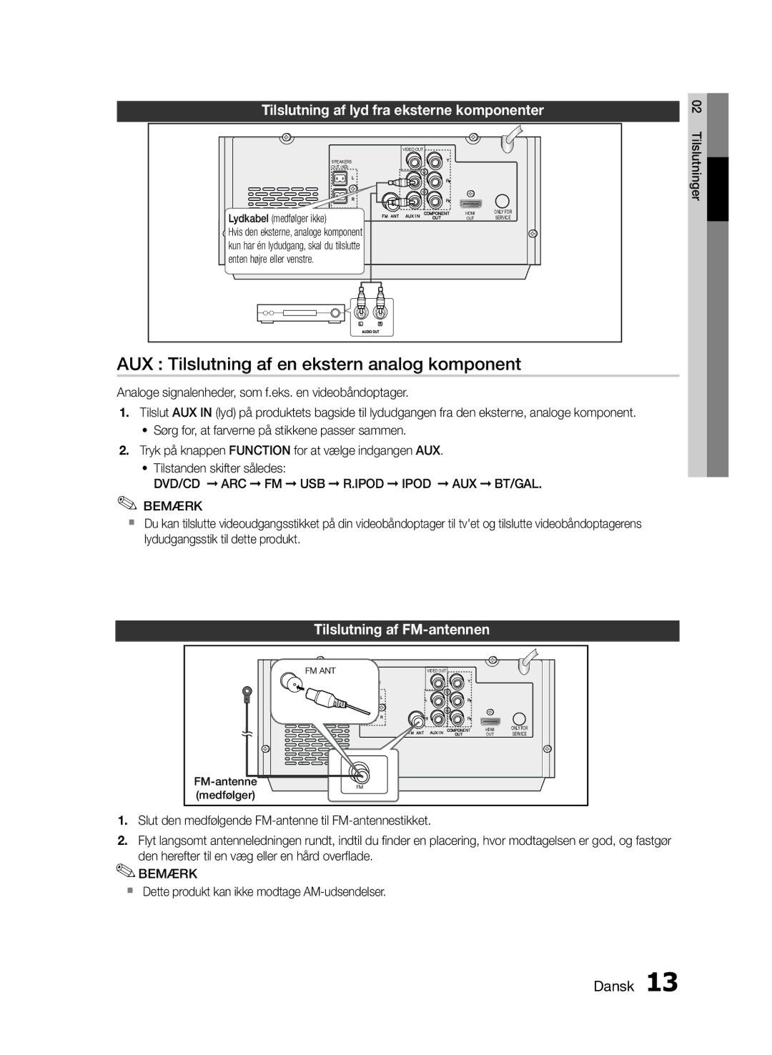 Samsung MM-E430D/XE manual AUX Tilslutning af en ekstern analog komponent, Tilslutning af lyd fra eksterne komponenter 