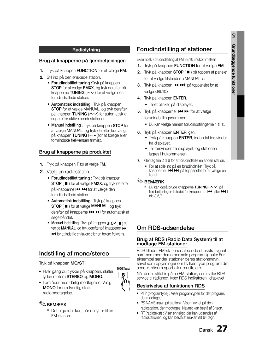 Samsung MM-E430D/XE manual Indstilling af mono/stereo, Forudindstilling af stationer, Om RDS-udsendelse, Radiolytning 