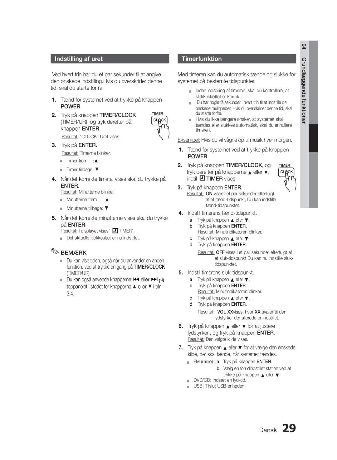 Samsung MM-E430D/XE manual Indstilling af uret, Timerfunktion, Power 