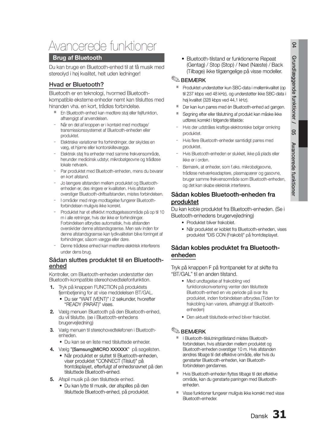 Samsung MM-E430D/XE manual Sådan kobles Bluetooth-enheden fra produktet, Sådan kobles produktet fra Bluetooth- enheden 