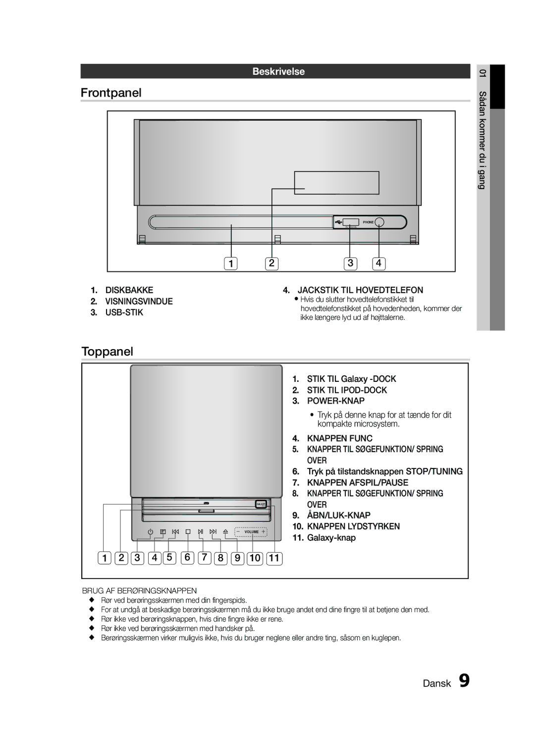 Samsung MM-E430D/XE manual Frontpanel, Toppanel, Beskrivelse, 3 4 5 6 7 8 9 10 