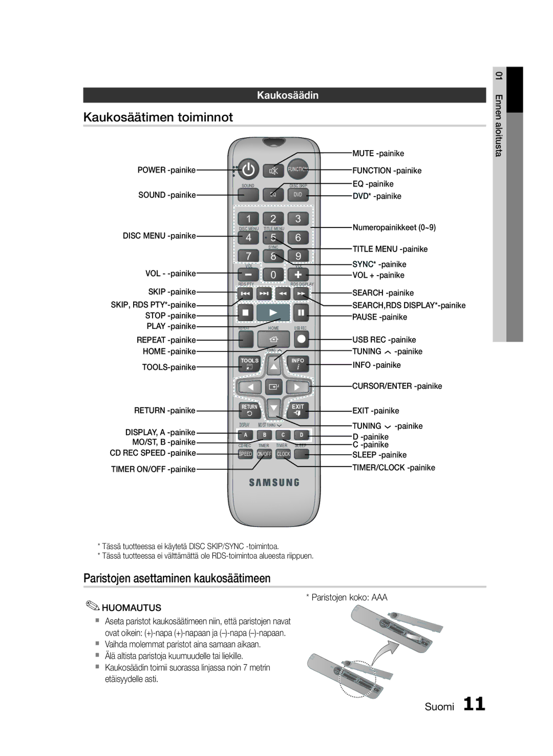 Samsung MM-E430D/XE manual Kaukosäätimen toiminnot, Paristojen asettaminen kaukosäätimeen, Kaukosäädin, Paristojen koko AAA 