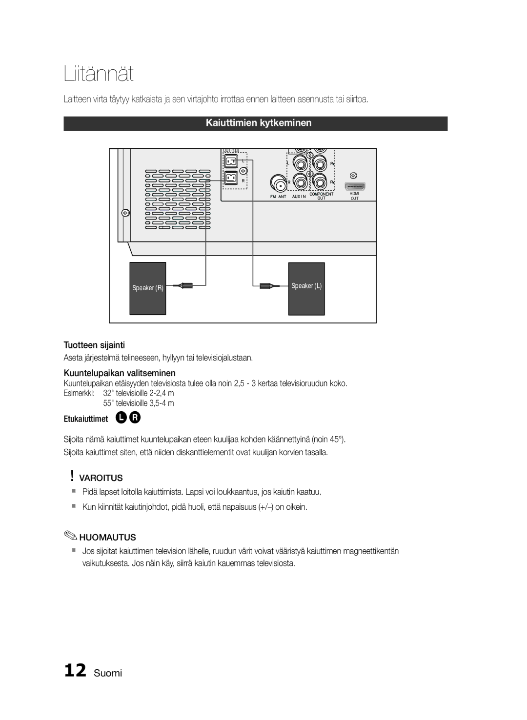 Samsung MM-E430D/XE manual Liitännät, Kaiuttimien kytkeminen, Varoitus 