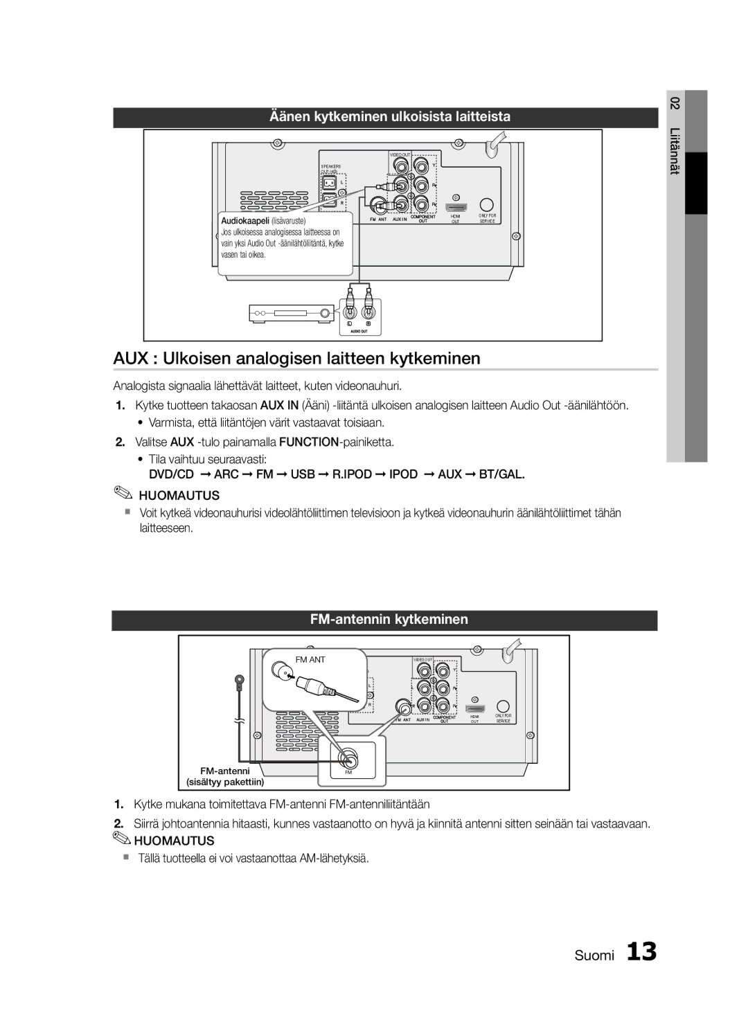 Samsung MM-E430D/XE manual AUX Ulkoisen analogisen laitteen kytkeminen, Äänen kytkeminen ulkoisista laitteista 