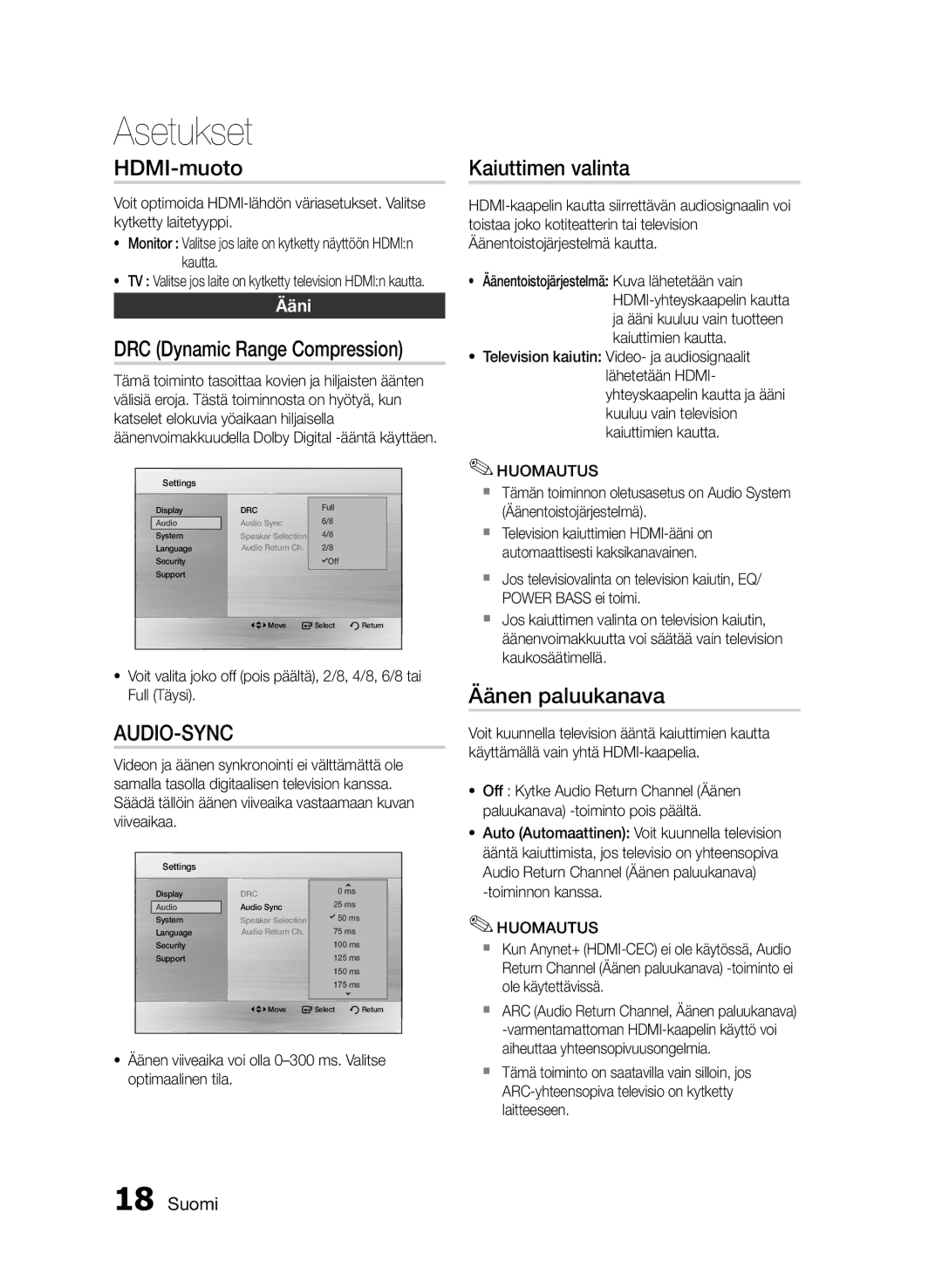 Samsung MM-E430D/XE manual HDMI-muoto, Kaiuttimen valinta, Äänen paluukanava, Ääni 