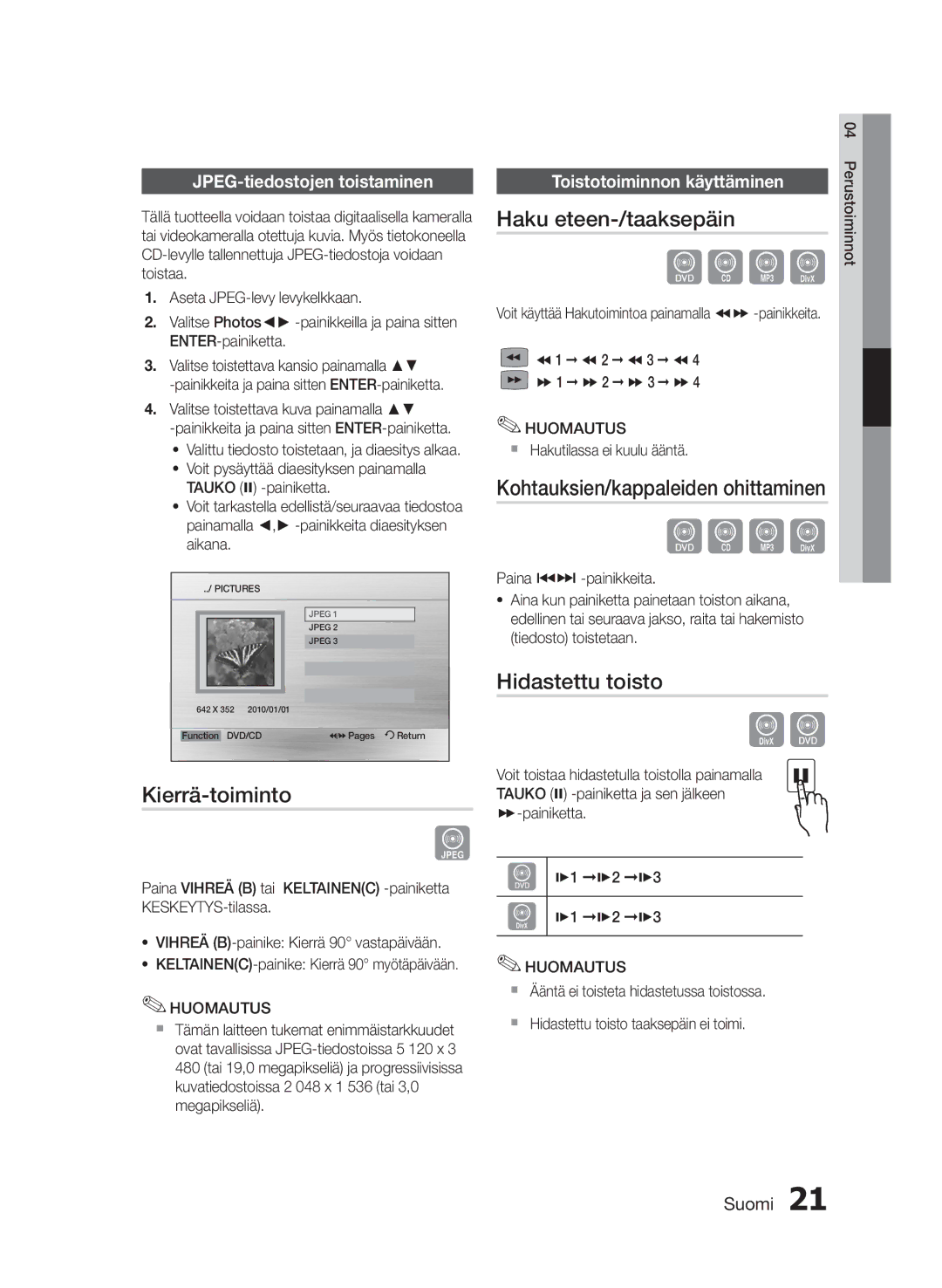 Samsung MM-E430D/XE manual Kierrä-toiminto, Haku eteen-/taaksepäin, Kohtauksien/kappaleiden ohittaminen, Hidastettu toisto 