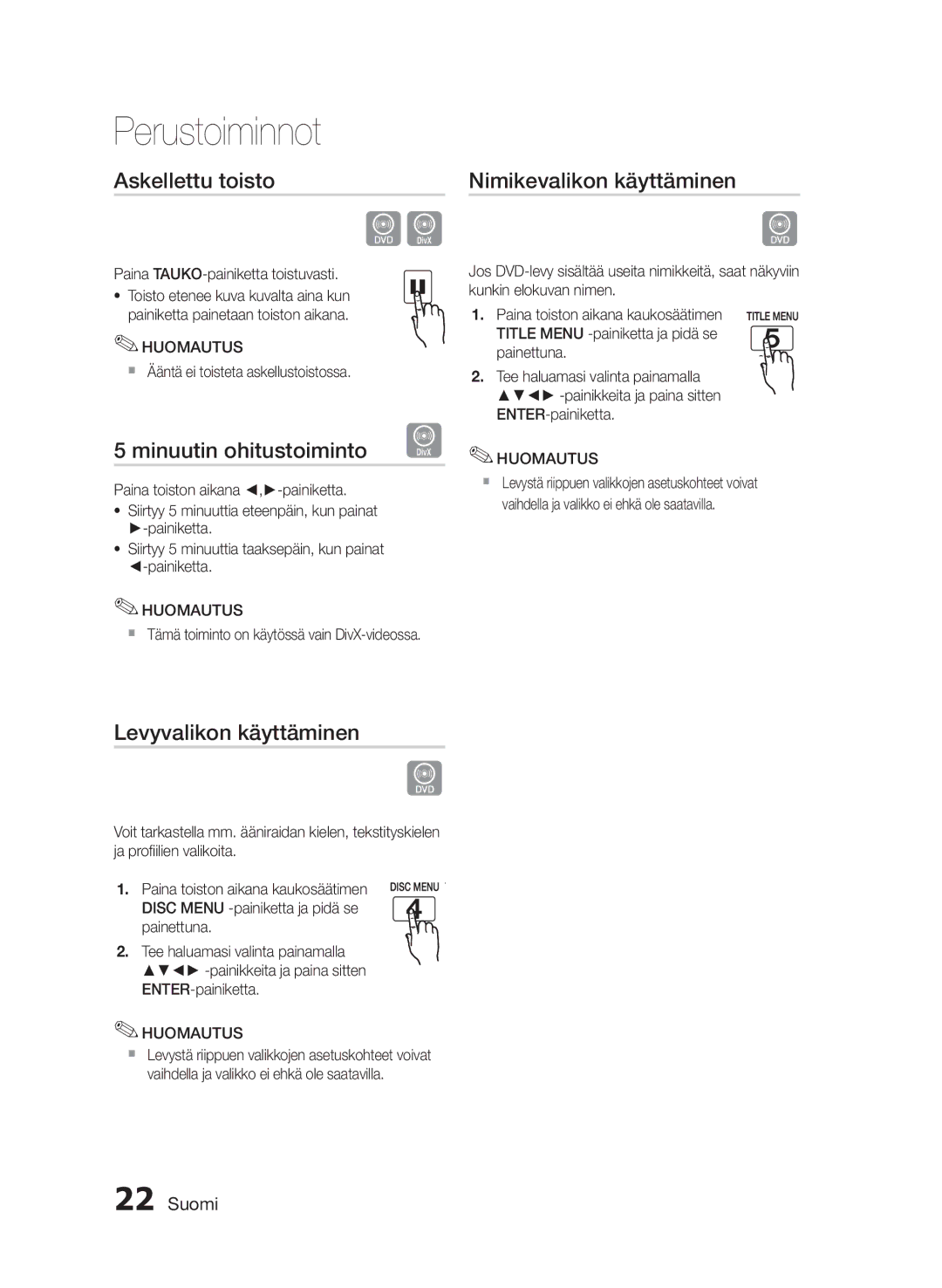 Samsung MM-E430D/XE manual Askellettu toisto, Minuutin ohitustoiminto, Nimikevalikon käyttäminen, Levyvalikon käyttäminen 