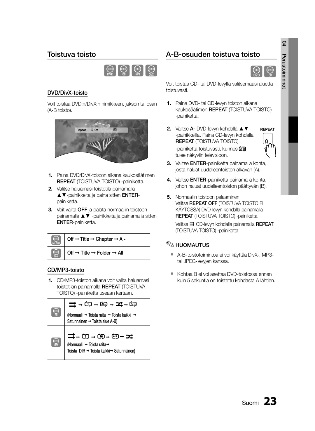 Samsung MM-E430D/XE manual Toistuva toisto, Osuuden toistuva toisto, DVD/DivX-toisto, CD/MP3-toisto, Repeat Toistuva Toisto 